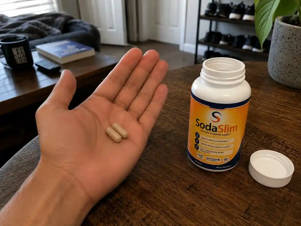 Hand holding SodaSlim capsules next to the open bottle